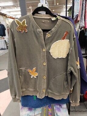 Upcycled Fall Autumn Pumpkin Leaf Leaves Sweatshirt Cardigan